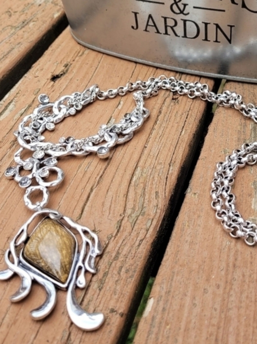 Vintage Bohemian Artisan Catseye Stone & Crystal Silver Statement Necklace - Picture 12 of 14